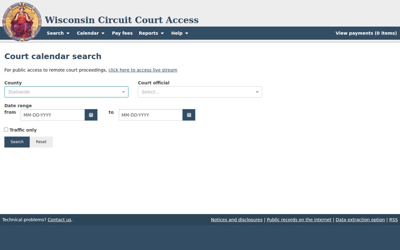 WCCA court calendar controls for Sauk County court dates