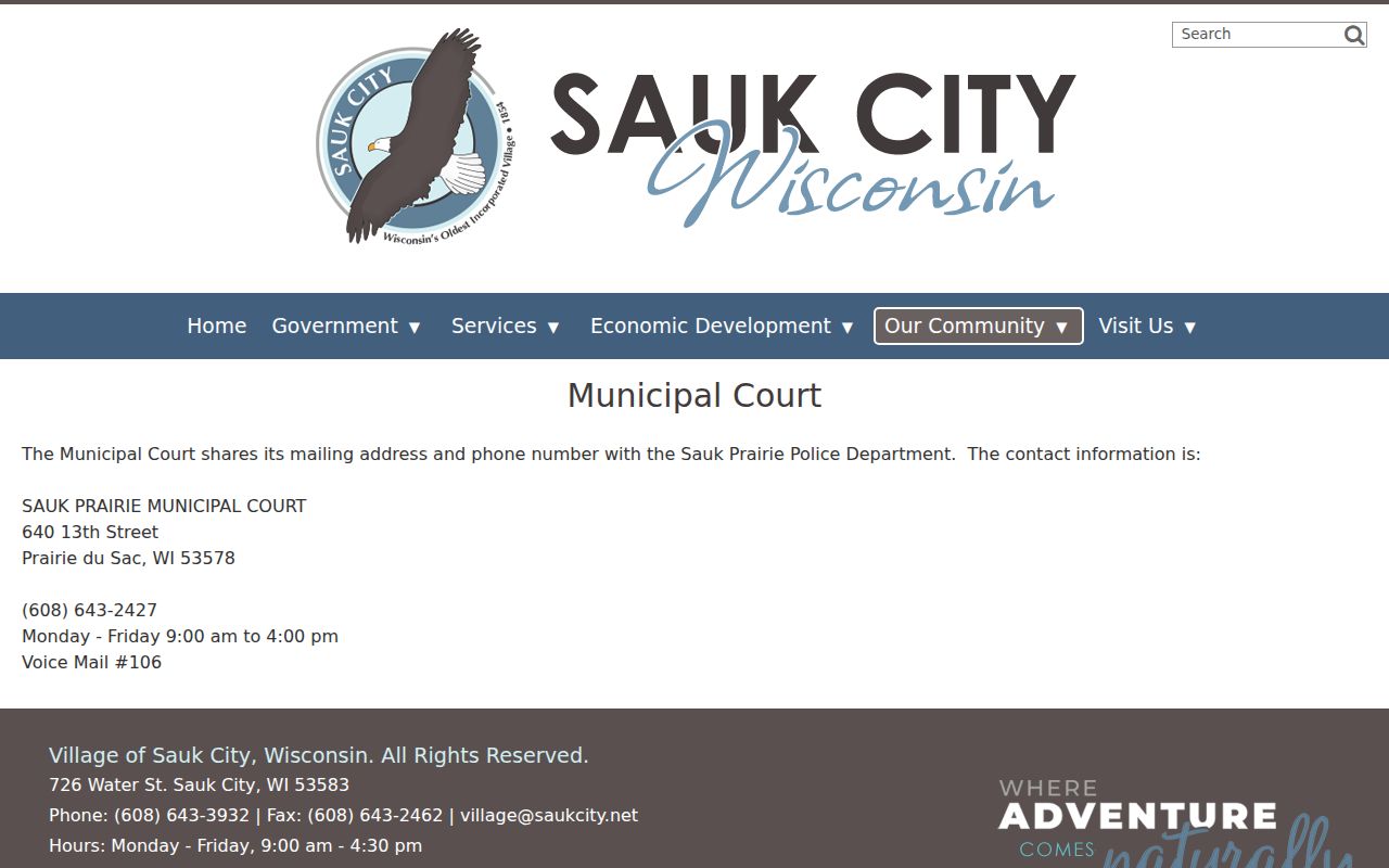Joint Sauk Prairie Municipal Court contact for Sauk City docket searches
