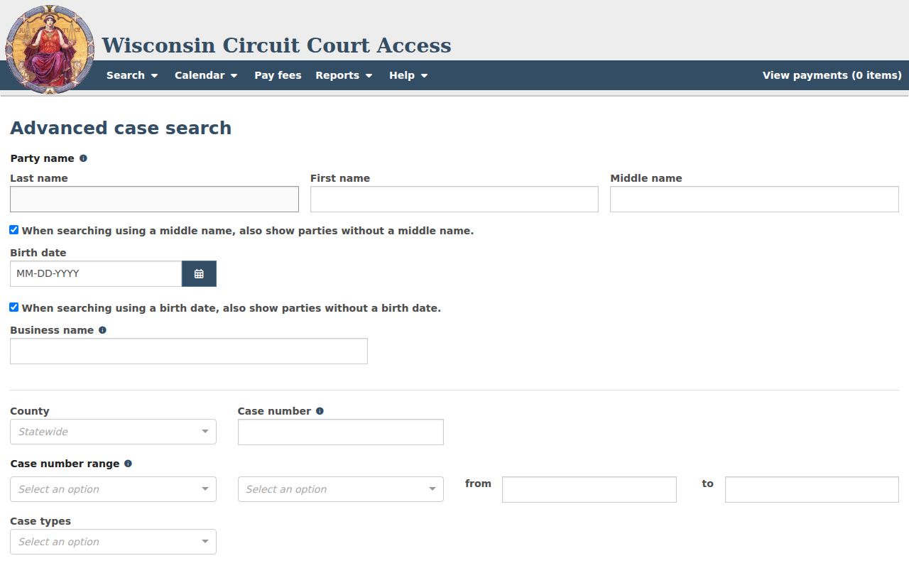 WCCA advanced search controls for Sauk County case information