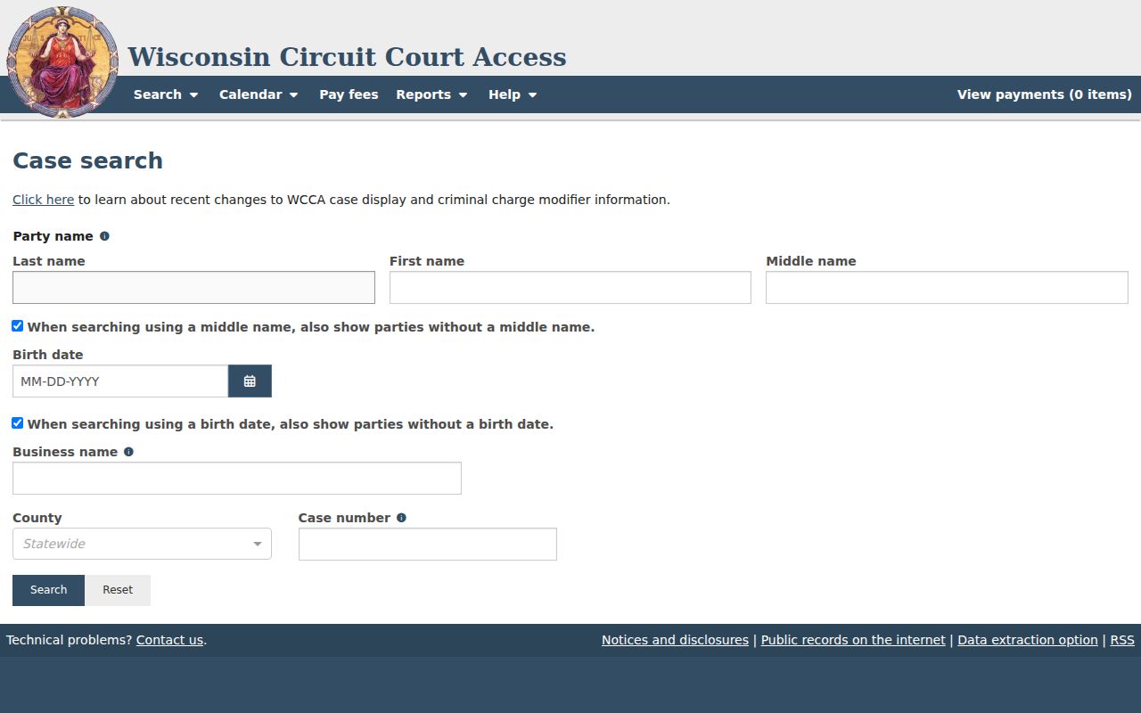 WCCA simple search fields for a Sauk County court docket lookup