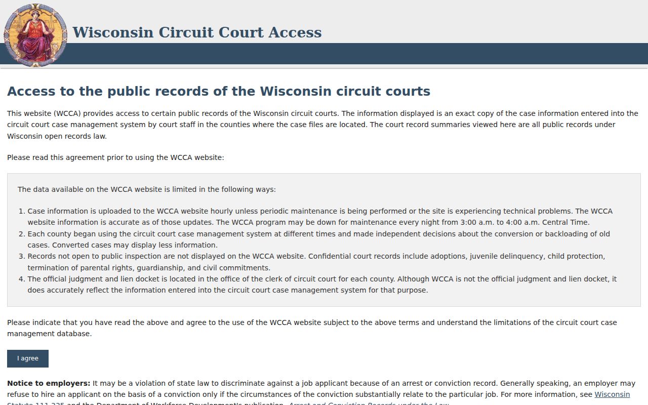 WCCA home navigation for Sauk County Circuit Court case summaries