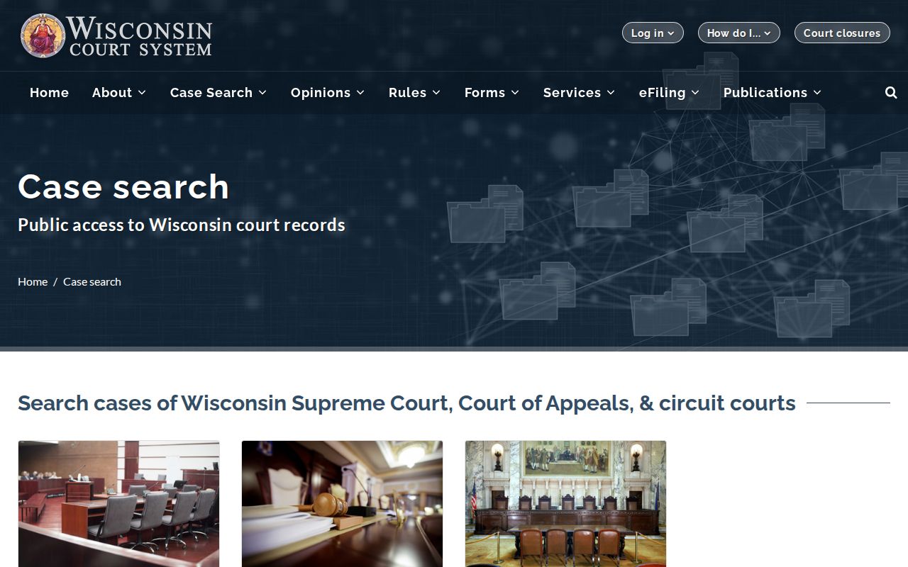 Wisconsin Court System case search landing page used for Sauk County court docket access